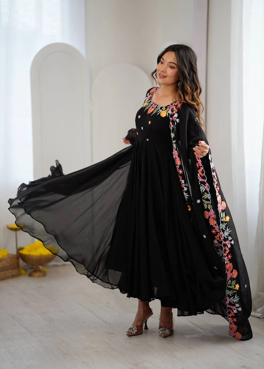 Black Floral Embroidered Anarkali Suit full-length model with dupatta – Kalyanja KU302